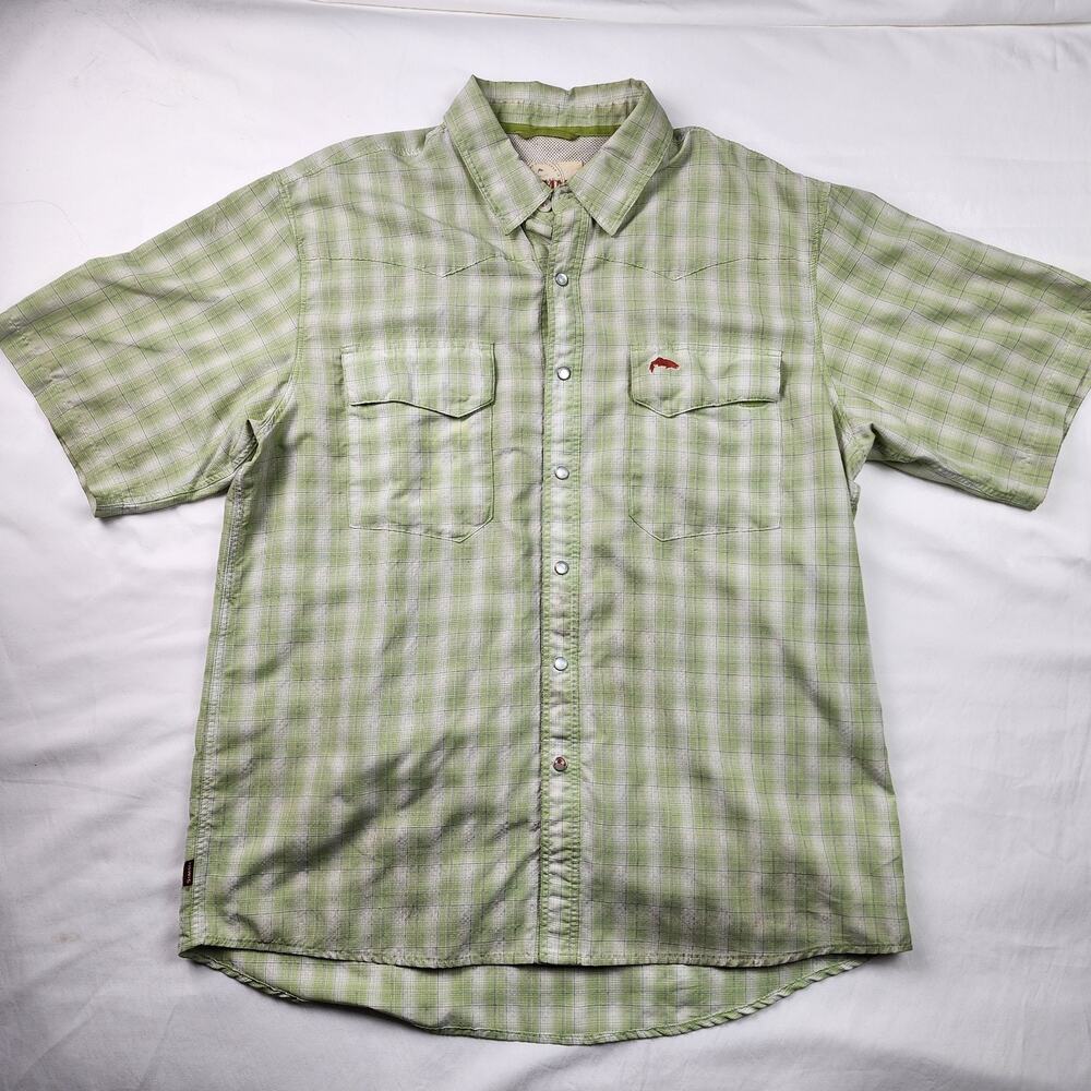 Simms Fishing Men Medium Short Sleeve Pearl Snap Vented Outdoor Green/Tan Plaid